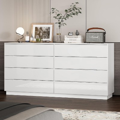 White Glossy 51.5'' Wooden Dresser with 8 Deep Drawers