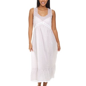 ADR Women's Cotton Nightgown, Sleeveless Lace Trimmed Deep V-neck Long Vintage Night Dress Gown - 1 of 4