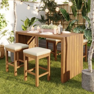5 Piece Acacia Wood Outdoor Patio Bar Set,Counter Height Bar Table and 4 Stools,Wood Garden Dining Set with Cushions for Backyard-Coolbibila - 1 of 4