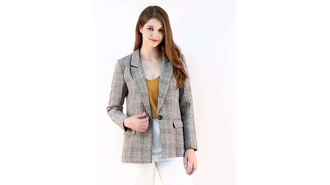 Allegra K Women's Notched Lapel Long Sleeve Flap Pockets Back Vent One-Button Plaid Blazer, 2 of 7, play video