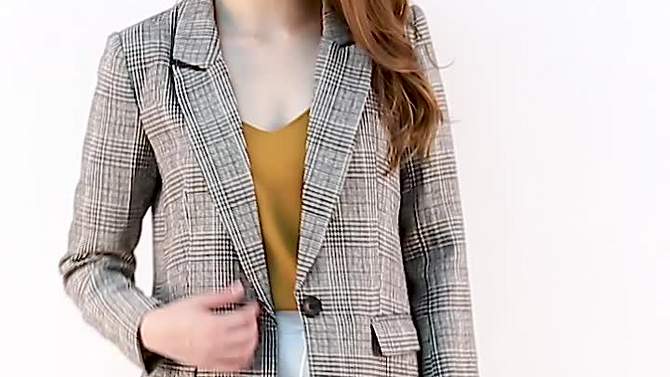 Allegra K Women's Notched Lapel Long Sleeve Flap Pockets Back Vent One-Button Plaid Blazer, 2 of 8, play video