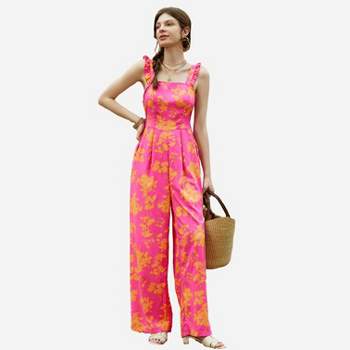 A. Peach Mixed Floral Print Wide Leg Jumpsuit - Women's Rompers/Jumpsuits  in Pink Multi