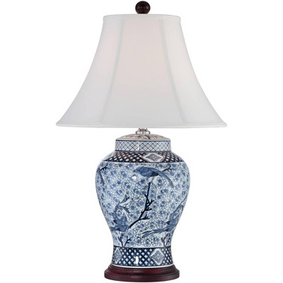 Barnes and Ivy Traditional Table Lamp Porcelain Blue and White Bird and Branch Jar White Bell Shade for Living Room Family Bedroom