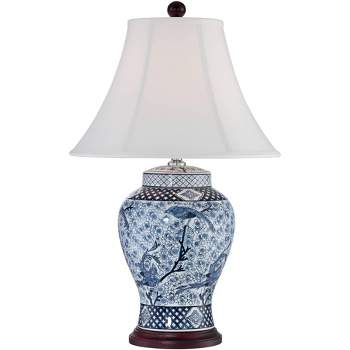 Barnes and Ivy Traditional Table Lamp 27" Tall Porcelain Blue and White Bird and Branch Jar White Bell Shade for Living Room Family Bedroom