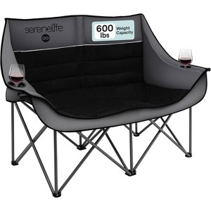 SereneLife Portable Folding Double Camping Loveseat Chair with Wine Glass Holders – Ideal for Beach or Outdoor Use (Black) - 1 of 4