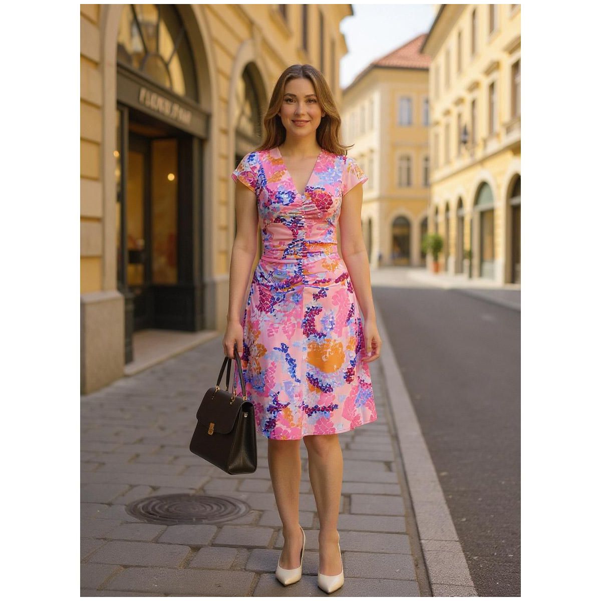 Womens Abstract V-Neck Cap Sleeve Ruched Front Knee Length Dress - 24seven Comfort Apparel™ - thumbnail 5