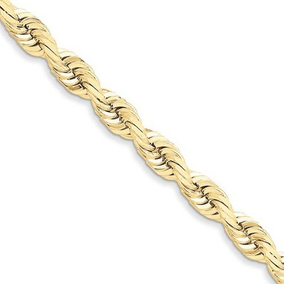 Black Bow Jewelry Men's 7mm 10k Yellow Gold Diamond Cut Solid Rope Chain Bracelet