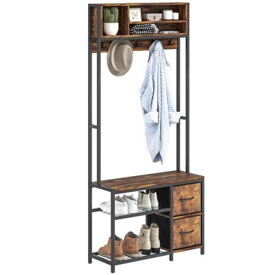 HOMCOM 5-in-1 Hall Tree with Bench and Shoe Storage, Entryway Bench with Coat Rack, 3 Storage Compartments, 2 Fabric Drawers