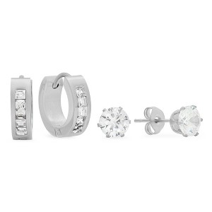 Steeltime Stainless steel set of 2 simulated diamond stud and simulated diamond huggie earrings - 1 of 4