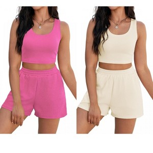 ATHLECHIC Women's Ribbed Knit Crop Tank Tops Short Sets with Pockets Travel Outfits 2 Pcs - 1 of 4