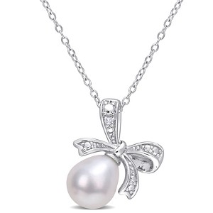 EVERLY JEWELRY | Sterling Silver 8.5-9mm Cultured Freshwater Pearl and Diamond Accent Bow Pendant with Chain - 18 in - 1 of 4