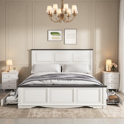 Platform Bed Frame with Solid Wood Headboard & 4 Storage Drawers, Easy Assembly, White