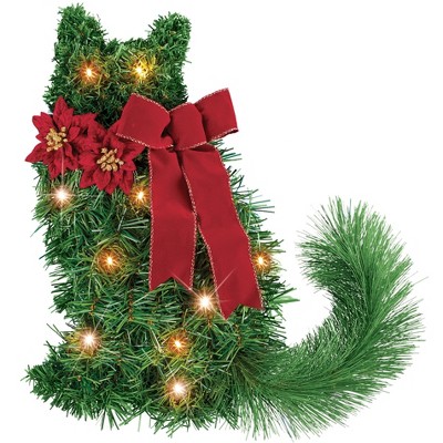 Collections Etc LED Lighted Red Ribbon Poinsettia Cat Wreath 15 X 2 X 19