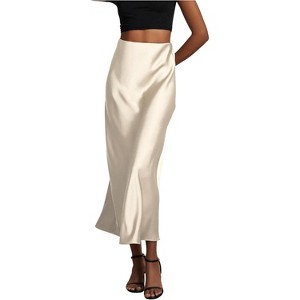 Women's Satin Maxi Skirt - High Waist A-Line Long Skirt for Elegant Office Wear Beige - 1 of 4