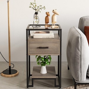 Mid-Century Modern Nightstand with Tempered Glass Top, 3-Tier Storage End Table with Open Shelves and Drawer, for Bedroom and Living Room - 1 of 4