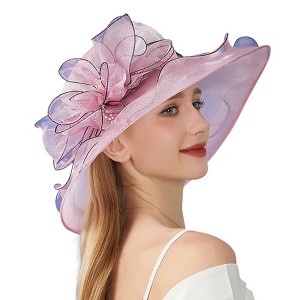 Anna-Kaci Women's Wide Brim Organza Dress Hat with Sheer Ribbon Floral Design for Formal Events and Sun Protection - 1 of 4