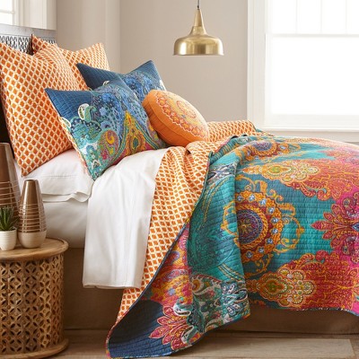 Navy and Multicolor Cotton Twin Reversible Quilt Set