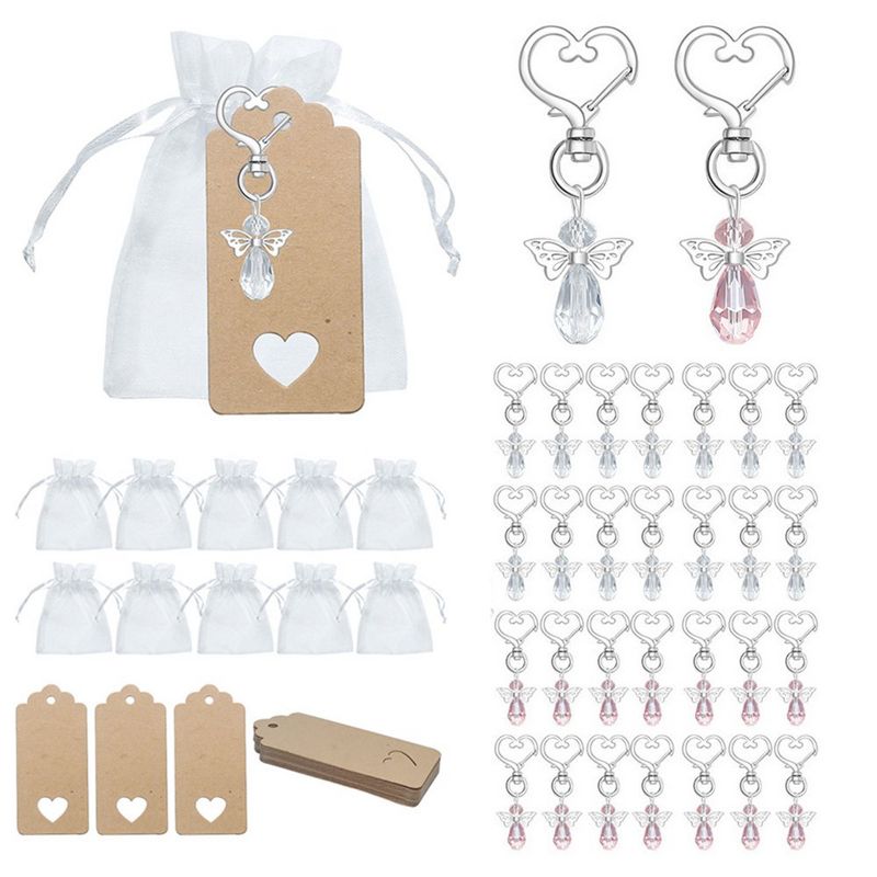 30 Pcs Guardian Angel Keychain with Organza Bags and Tags,for Baby Shower, Bridal Shower, Wedding Charm, Party Favors White + Pink, 1 of 4