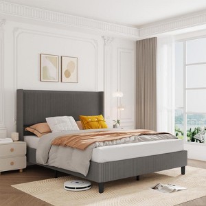 FULL/Queen/KING Size Corduroy Upholstered Bed Frame, Platform Bed with Vertical Stripe Wingback Headboard, No Box Spring Needed/Wooden Slats/Noise Fr - 1 of 4
