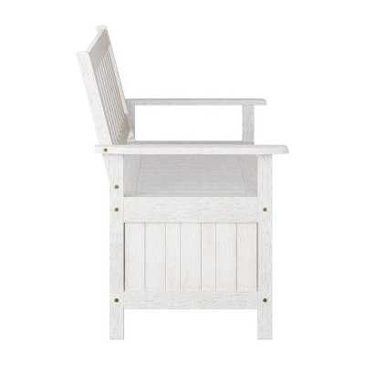 Whitewashed Shorea Wood Outdoor Storage Bench with Slatted Back