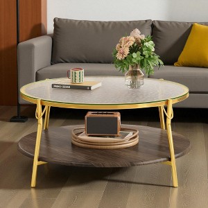 Mshliw Round Coffee Table with 2-Tier Glass Top and Gold Metal Base, Dining Table, Sofa Table, Center Table for Living Room, 29.9" - 1 of 4