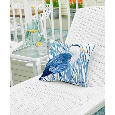 Blue and White Heron Coastal Graphic Detail Indoor/Outdoor Throw Pillow