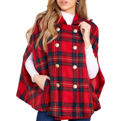 Imily Bela Women's Winter Double-Breasted Plaid Cape Coat - Turn-Down Collar with Pockets
