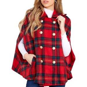 Imily Bela Women's Winter Double-Breasted Plaid Cape Coat - Turn-Down Collar with Pockets - 1 of 4