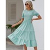Coolmee Women's Summer Dress Casual Puff Short Sleeve Crew Neck Smocked Elastic Waist Tiered Midi Dress with Belt - 4 of 4