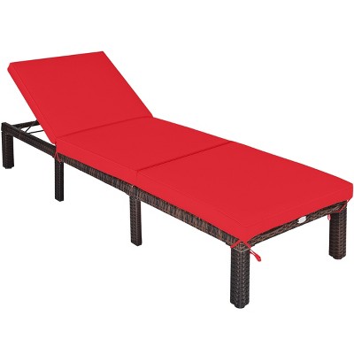 Tangkula Outdoor Rattan Chaise Lounge Chair Adjustable Backrest Recliner with Red Cushions