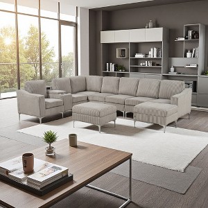 129.14" Corduroy Convertible Modular Sectional Sofa with 2 Storage Ottomans, Console & USB Ports - 1 of 4