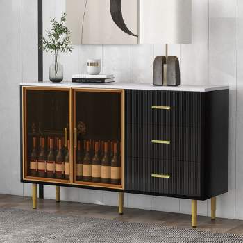 Modern Sideboard, Buffet Storage Cabinet with Amber-yellow Tempered Glass Doors and Gold Metal Legs & Handles-ModernLuxe