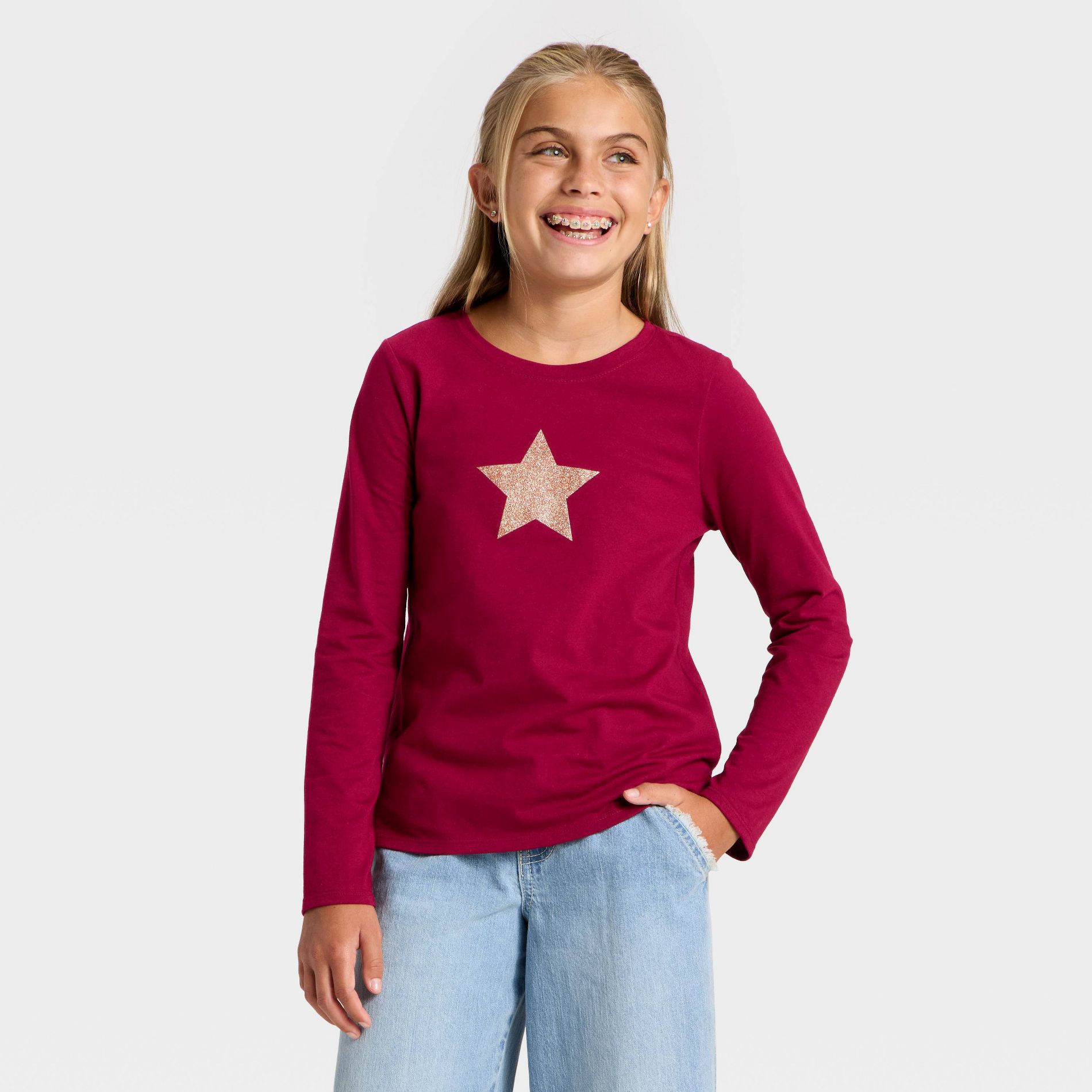 Girls' Long Sleeve 'Glitter Star' Graphic T-Shirt - Cat & Jack™ Dark Red