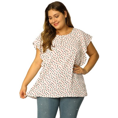 Agnes Orinda Women's Plus Size Summer Chiffon Floral Polka Dots Round Neck Blouses