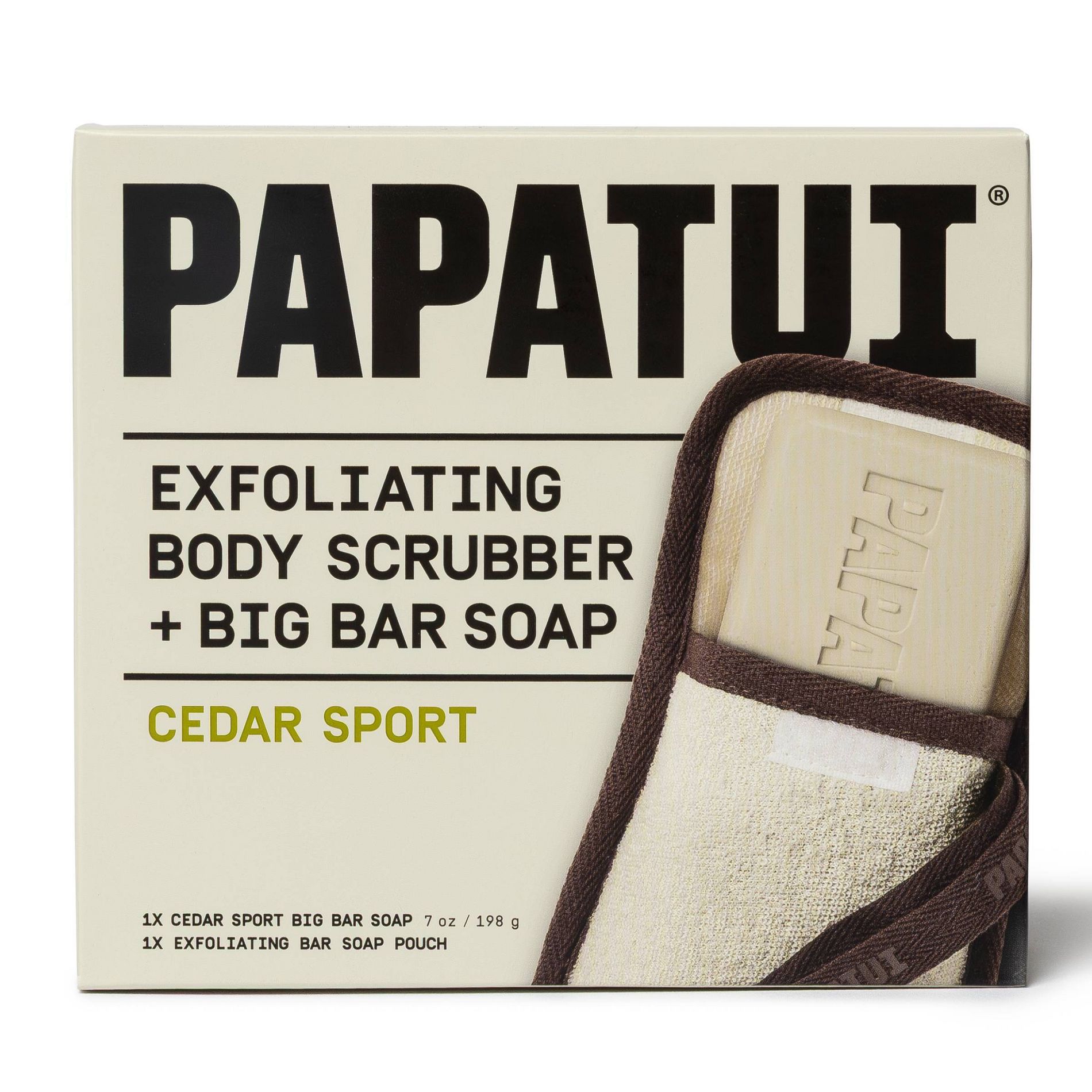 Papatui Men's Sulfate-Free Exfoliating Durable Exfoliating Body Scrubber and Bar Soap Set - Cedar Sport - 2ct