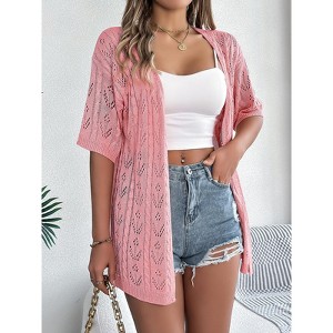 Womens Short Sleeve Hollowed Out Knitted Cardigan Fall Casual V Neck Open Front Vacation Vun Protective Shirt Top - 1 of 4