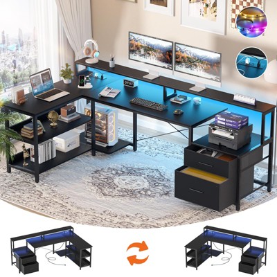 Aheaplus L-Shaped Computer Desk with Drawers and Monitor Shelf, Gaming Desks with LED Strip