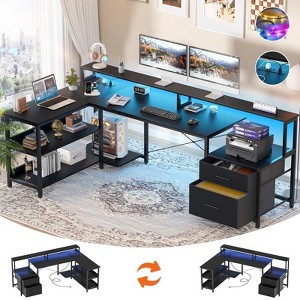 Aheaplus L-Shaped Computer Desk with Drawers and Monitor Shelf, Gaming Desks with LED Strip - 1 of 4