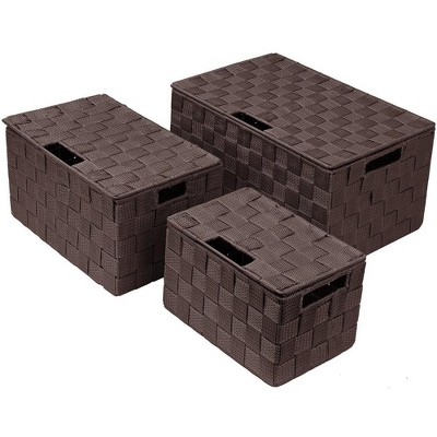 Brown Woven Polypropylene Stackable Storage Basket Set with Lids
