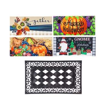 Evergreen Indoor Outdoor Doormat Bundle Set of 5 - Frame and 4 Welcome Seasonal Inserts Halloween Pumpkin Gnome Gather Harvest Thanksgiving