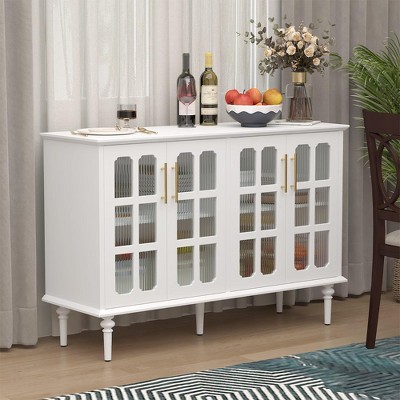 COMHOMA White Fluted Cabinet with Glass Doors, Vintage Style Storage Credenza with Adjustable Shelves for Dining Room