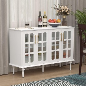 COMHOMA White Fluted Cabinet with Glass Doors, Vintage Style Storage Credenza with Adjustable Shelves for Dining Room - 1 of 4