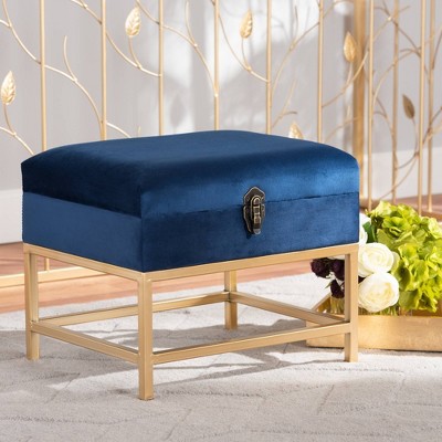 Navy Blue Velvet Tufted Storage Ottoman with Gold Metal Legs
