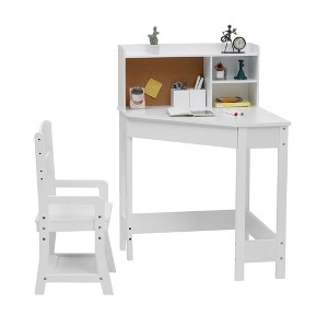 Kids Desk and Chair Set, Wooden Corner Study Table with Bookshelf, Bulletin Board, and Pen Holder, Writing Table - 1 of 4