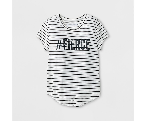 Grayson Social Girls' Hashtag Fierce Graphic Striped T-Shirt - Black/White S