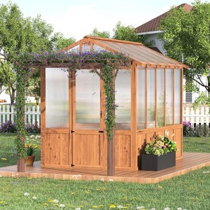 Wooden Greenhouse for Outdoors, Cedar Frame Polycarbonate Walk-In Greenhouse with Roof Vent, Durable Wood Greenhouse for Garden or Backyard - 1 of 4