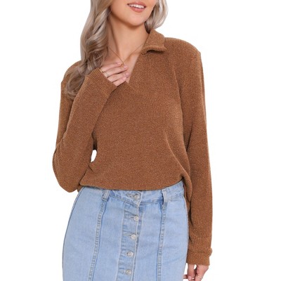 INSPIRE CHIC Women's Lapel Collar Polo V Neck Long Sleeve Pullover Knitted Blouse