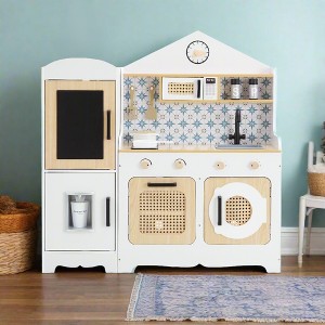 Teamson Kids Little Chef Morocco Pretend Play Kitchen & 11 pc. Accessory Set w/Ice Dispenser, Refrigerator, White/Natural - 1 of 4