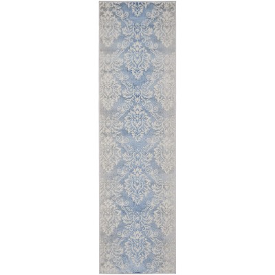 Ivory Blue Floral Damask Low-Profile Area Rug