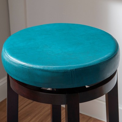 Teal Backless Swivel Wood and Leather Bar Stool